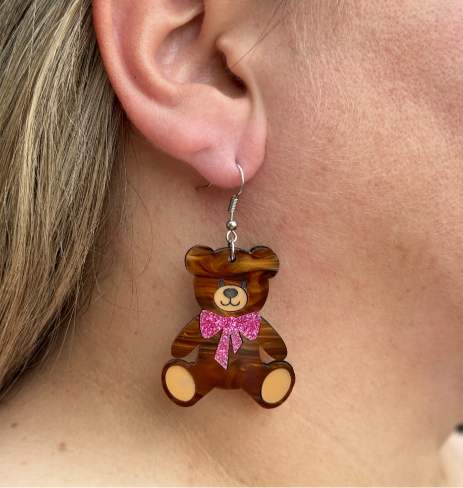 Cute Bow Coquette Teddy Bear Earrings Gift