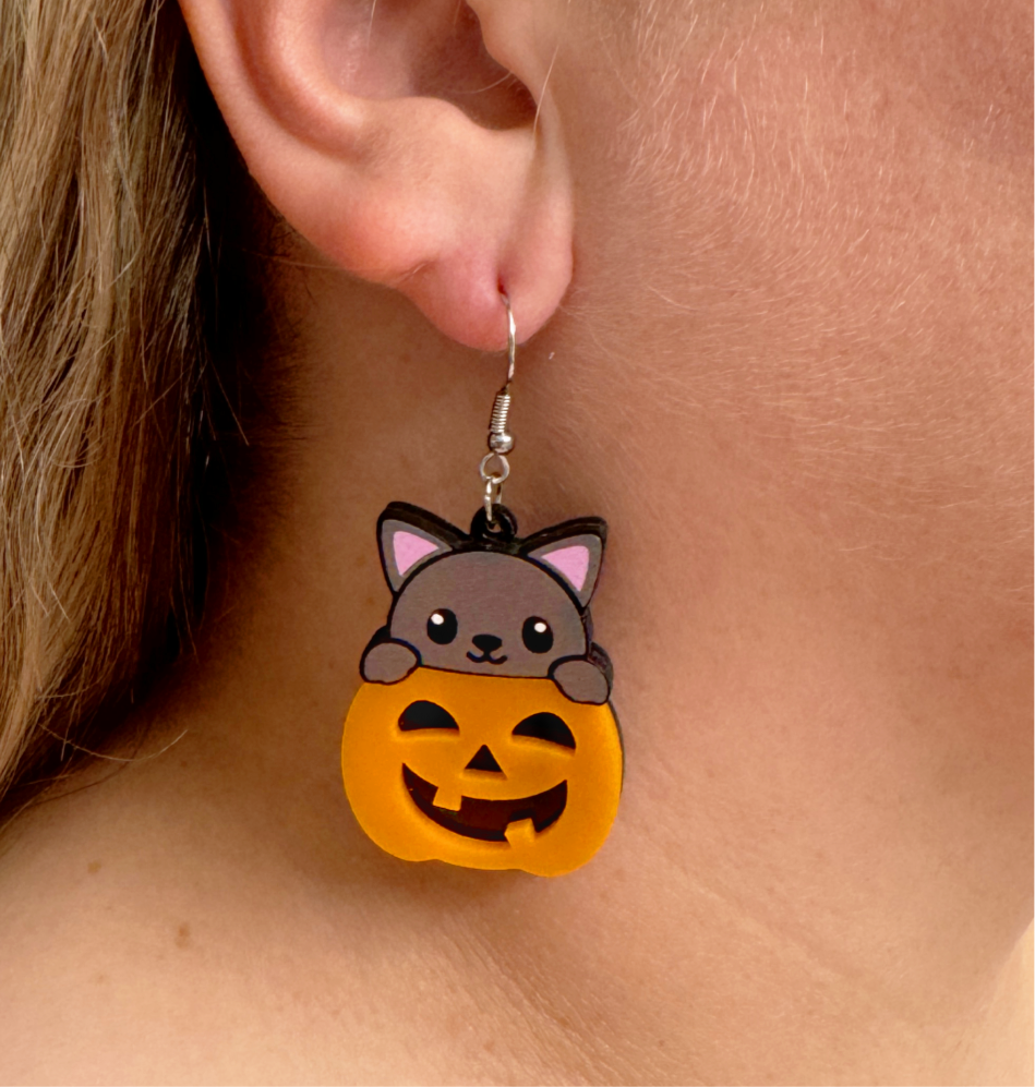 Pumpkin Cat Earrings Halloween Spooky Cute Gift