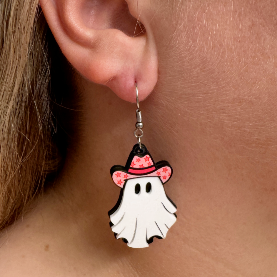 Pink Cowgirl Ghost Earrings Halloween Spooky Cute Gift