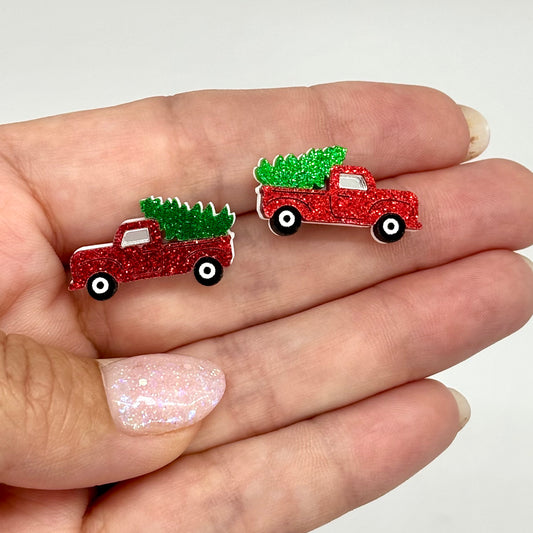 Classic Red Pick Up Truck with Christmas Tree Holiday Stud Earrings Fun