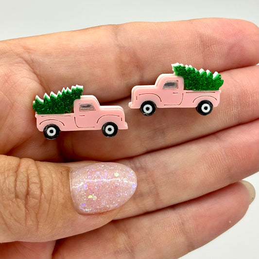 Classic Pink Pick Up Truck with Christmas Tree Holiday Stud Earrings Fun