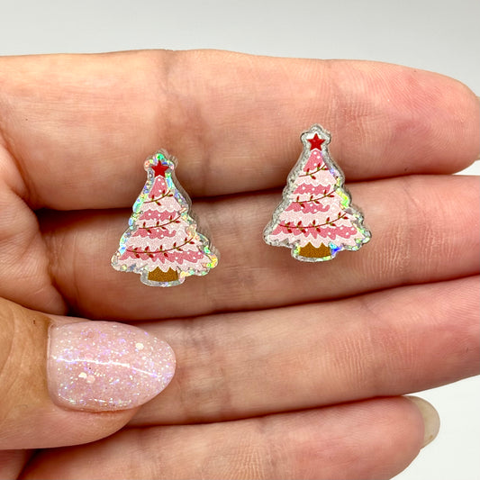 Pink Christmas Tree Holiday Stud Earrings Fun