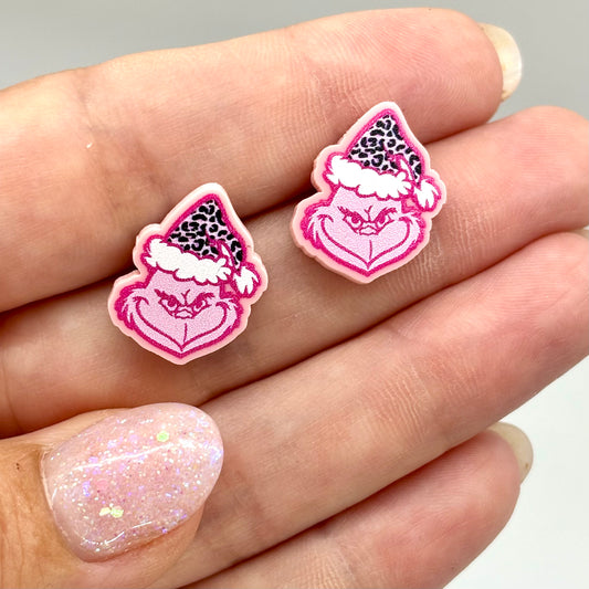 Pink Grinch Santa Cheetah Print Hat Holiday Stud Earrings Fun
