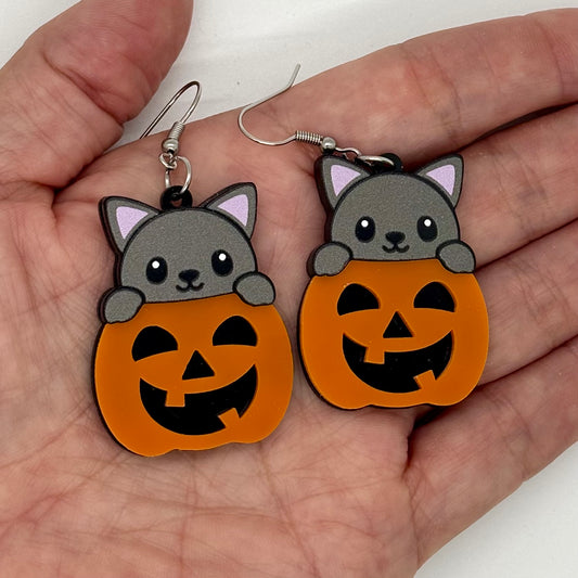Pumpkin Cat Earrings Halloween Spooky Cute Gift
