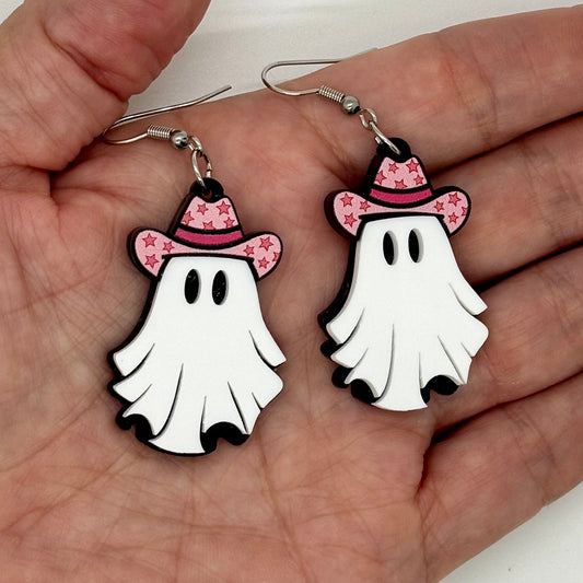 Pink Cowgirl Ghost Earrings Halloween Spooky Cute Gift