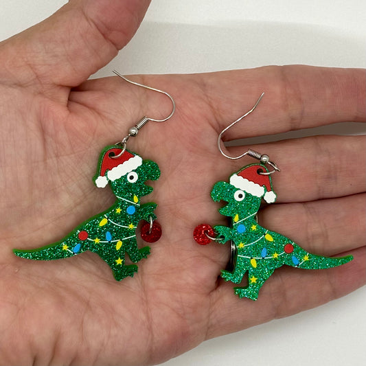 Jolly Dino Wrapped in Lights Earrings Holiday Gift